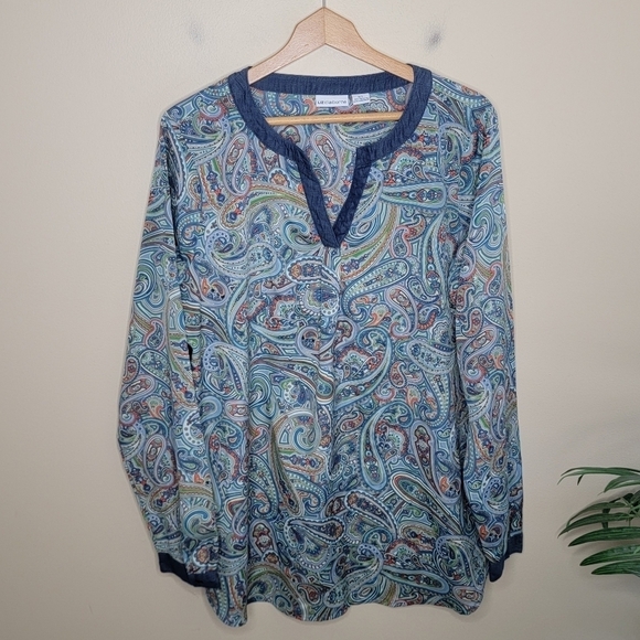 Liz Claiborne | Tall Colorful Paisley Print Long Sleeve Popover Blouse Size XLT - Picture 1 of 6